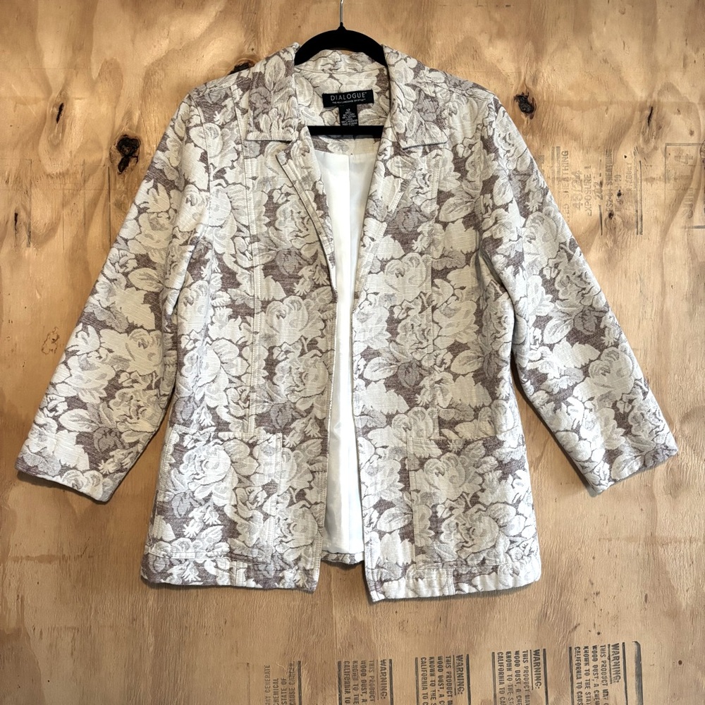 Dialogue Beige Brown Floral Brocade Linen Blend Blazer Jacket Sz 12
